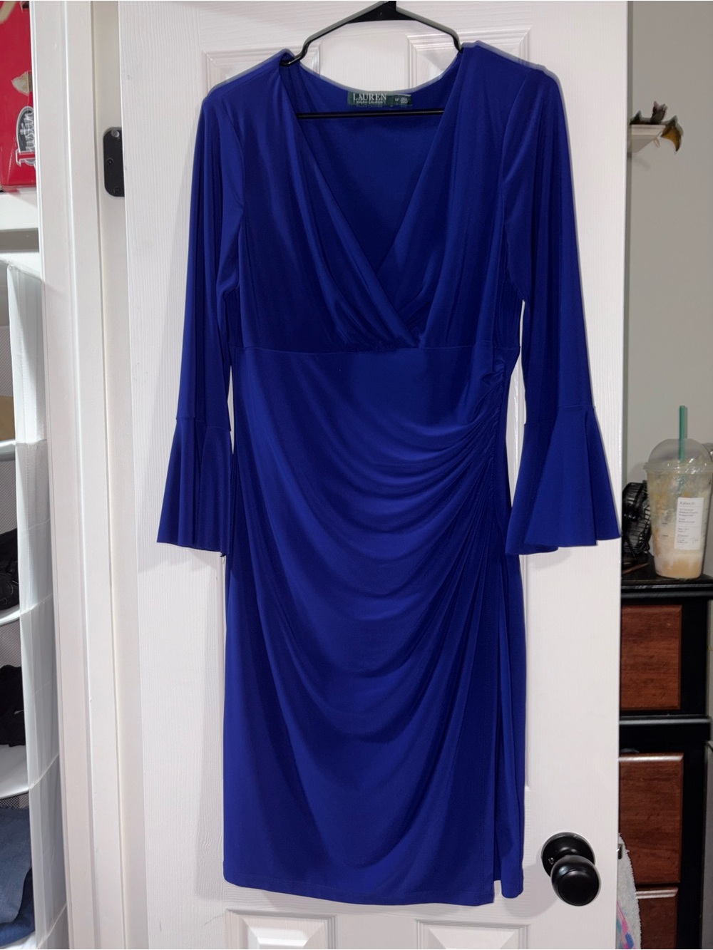 Ralph Lauren Cobalt Blue Midi Wrap Dress with Ruffle Sleeves